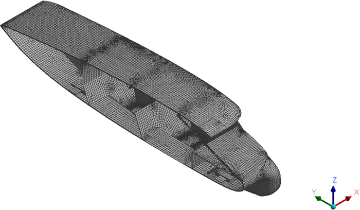 3D mesh diagram of ship hull structure, showing computational fluid dynamics (CFD) model analysis.