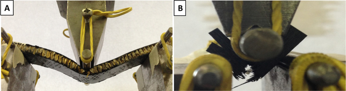 Material tensile testing using a mechanical setup for bending and deformation analysis.