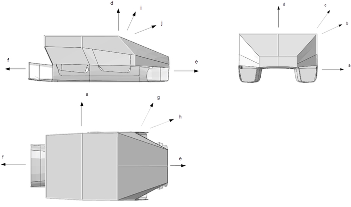 Mechanical part schematic; multi-view diagram with labeled vectors. Engineering analysis reference.