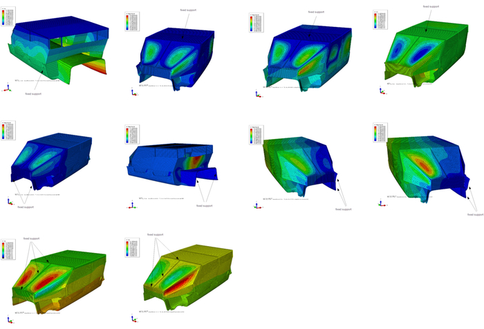 Finite element analysis results; 3D stress distribution diagrams; structural simulation for stress analysis.