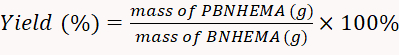 Yield percentage formula for polymer synthesis; equation for mass ratio calculation.