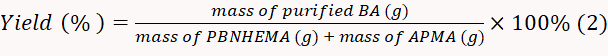 Yield calculation equation for polymerization efficiency, formula: mass ratio and percentage.