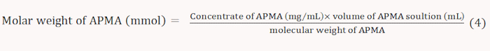 Molar weight calculation formula, APMA concentration equation, educational chemistry diagram.