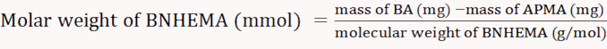 Molar mass calculation formula for BNHEMA in a chemical analysis setup; includes equation format.