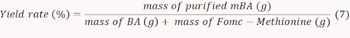 Yield rate formula; mass of purified mBA over mass BA plus Fomc-Methionine; equation diagram.