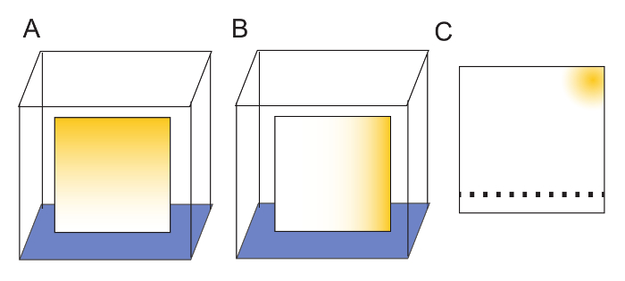 Chromatography diffusion process, diagram: gradual solute distribution in liquid phase, Step A-C.