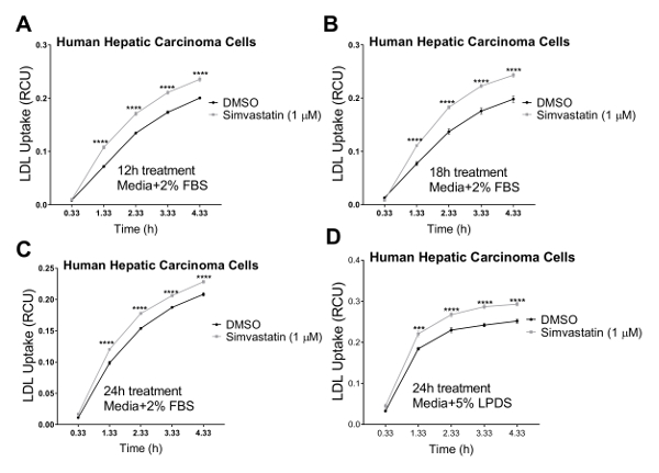 figure-results-3 Human hepatic carcinoma cells LDL uptake graph; simvastatin vs DMSO over time; treatment effect study.