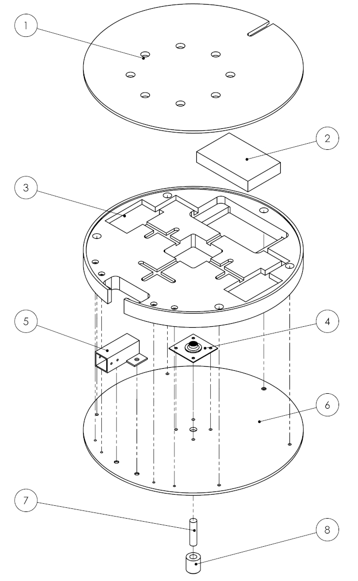 Exploded view diagram of spectroscopic setup components for optical excitation analysis.