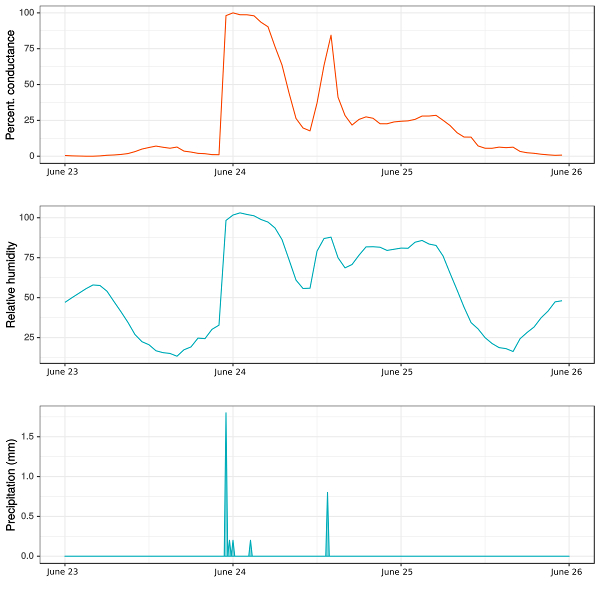 Conductance, humidity, precipitation graph; environmental data analysis, June timeline.