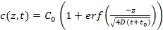 Diffusion equation: concentration \(c(z,t)\) in relation to time \(t\) and position \(z\).