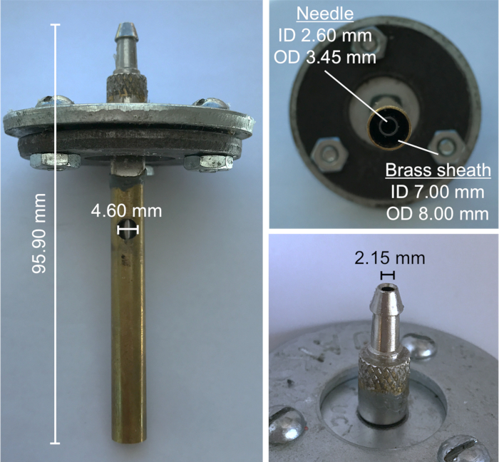 Micrometer syringe dimensions, detailed schematic, brass sheath, needle gauges, laboratory use.