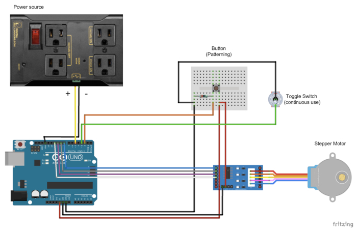 Arduino stepper motor control circuit diagram; includes power source, switches, motor, wiring.