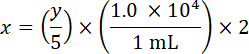 Equation for concentration calculation, formula x=(y/5)×(1.0×10^4/1 mL)×2, chemistry analysis.