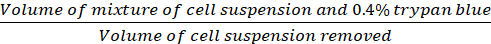 Cell viability formula; trypan blue exclusion method; ratio of cell suspension volumes; equation.