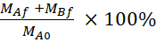 Percentage yield formula, displaying mass components M<sub>Af</sub>, M<sub>Bf</sub> over M<sub>A0</sub>.
