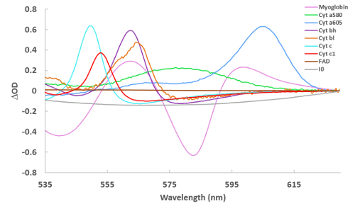 Transient absorption spectra graph showing ΔOD vs. wavelength for multiple cytochromes and myoglobin.