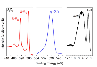 XPS spectra diagram, UO2 analysis, binding energy, intensity peaks, electron excitation study.