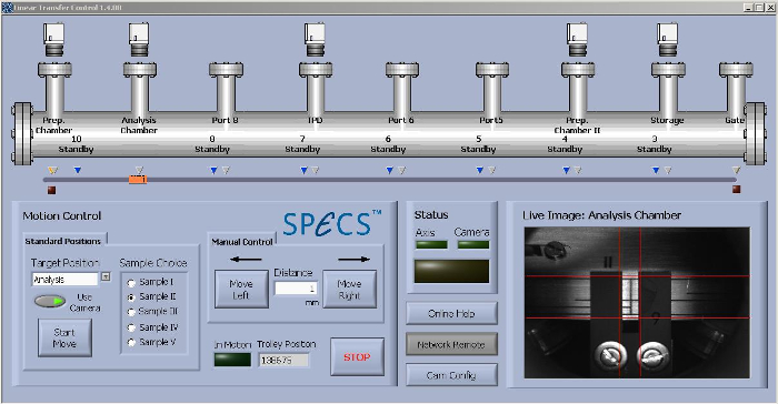 Scientific equipment control interface for vacuum analysis; settings display for spectroscopy.