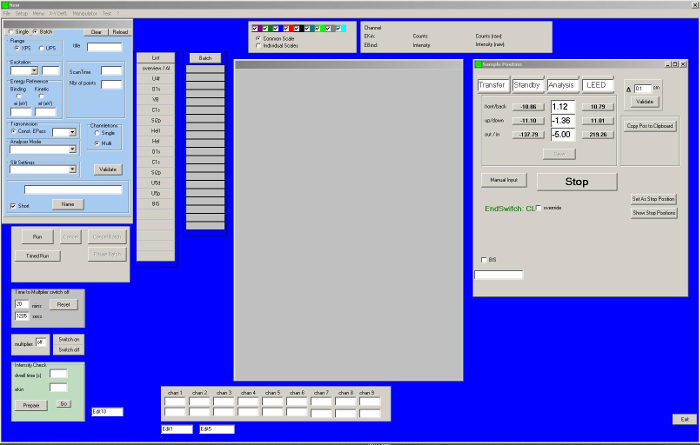 Spectroscopy data acquisition software interface, highlighting channel settings and analysis options.