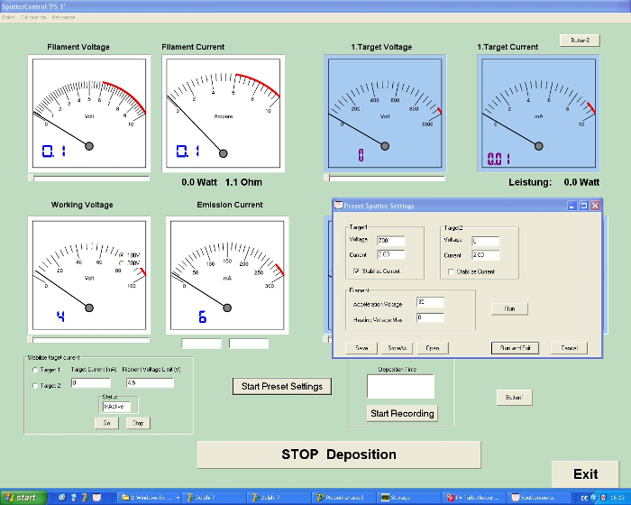Sputtering system interface showing voltage, current controls for thin-film deposition process.