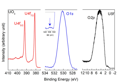 XPS spectra of UO₃: U4f, O1s, O2p, U5f peaks, binding energy analysis, surface characterization.