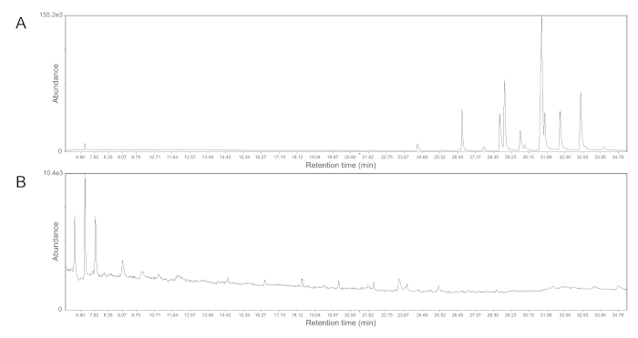 Chromatography results; retention time vs. abundance graph; peak analysis for compound separation.