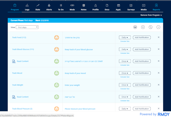 Health tracking dashboard interface with tasks for food, glucose, content, mood, weight, and pressure.