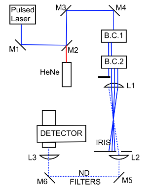 Pulsed laser spectrometer setup diagram showing optical excitation and HeNe laser path.