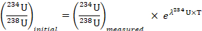 Uranium isotope ratio equation for decay analysis; static equilibrium; scientific formula.