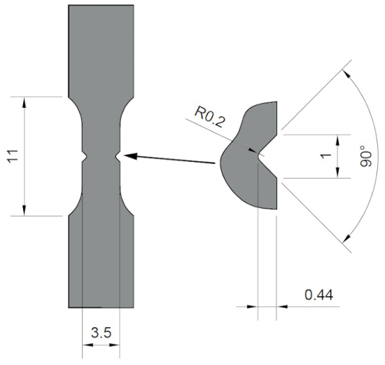 Mechanical engineering diagram showing notch tensile specimen and dimensions; stress analysis setup.