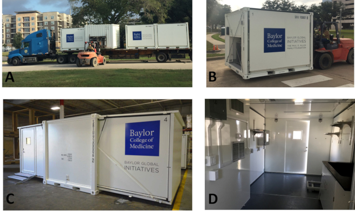 Mobile medical lab container diagrams for clinical research setup.