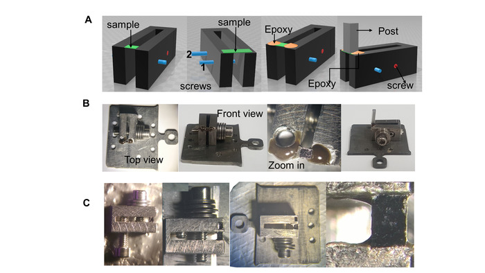 figure-results-1 Epoxy joint testing diagram, top and front views, microscopy images showing sample assembly details.