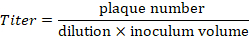 Titer calculation formula, plaque assay, virology experiment, equation showing plaque number division.