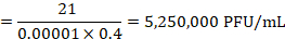Viral quantification formula, plaque assay calculation result, 5,250,000 PFU/mL, scientific method.