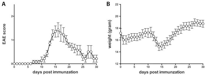EAE score vs. weight graph showing immune response trends post-immunization over 30 days.