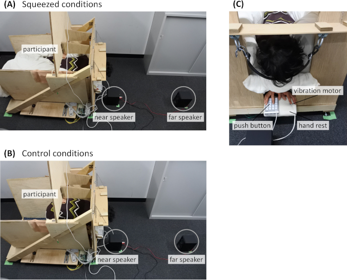 figure-results-2 Squeeze experiment setup; speaker system; participant in device; sensory response test.
