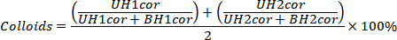 Colloids formula: ((UH1cor/(UH1cor+BH1cor))+(UH2cor/(UH2cor+BH2cor)))/2×100%, equation diagram.