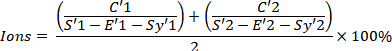 Ions calculation formula; chemistry equation for ionization percentage; mathematical expression.