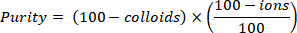 Purity formula; purity calculation with colloids and ions variables; equation for material analysis.