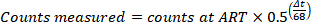 Equation for adjusting radiation counts using correction factor for accurate measurement results.
