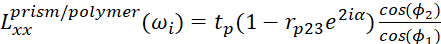 Static equilibrium formula for optical analysis; includes equations for light interaction in prism/polymer.