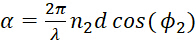 Diffraction angle formula α=2π/λ n₂d cos(φ₂) in optics study diagram.