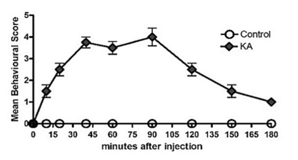 Mean behavioral score graph; control vs KA, post-injection, 180 min timeline analysis.