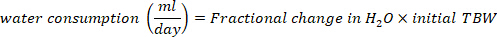 Equation for water consumption, ml/day, involving fractional change in H2O and initial TBW.