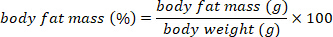Equation for calculating body fat mass percentage; formula: body fat mass (g) / body weight (g) × 100.