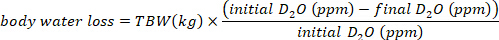 body water loss calculation equation; initial-final D2O concentration ratio formula; research method