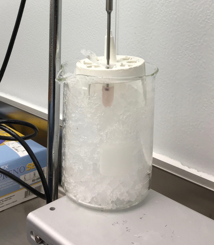 Cryoprecipitation process in laboratory beaker with cooling system for protein purification.