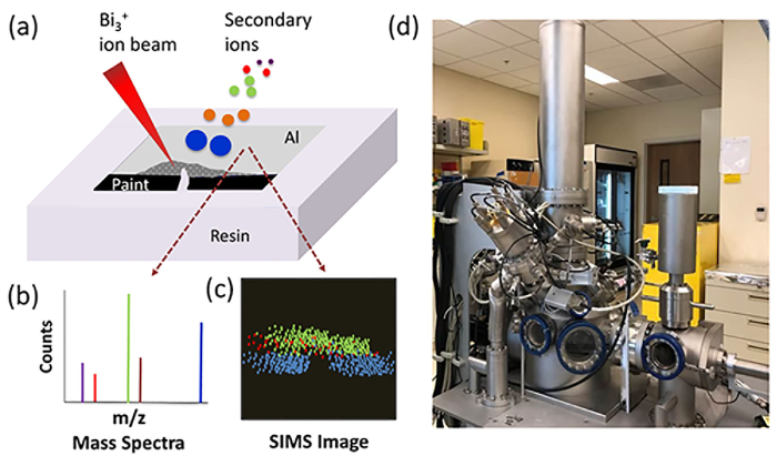 figure-results-2 Static equilibrium diagram with Bi3+ ion beam, mass spectra graph, SIMS image, spectroscopy setup.