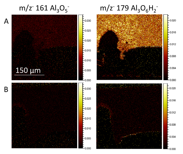 figure-results-4 Spectroscopy ion distribution, m/z 161 Al₃O₅⁻, m/z 179 Al₃O₆H₂⁻, result diagram, 150 µm scale.