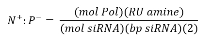 N/P ratio equation for siRNA and polycation interaction; molecular interaction formula shown.